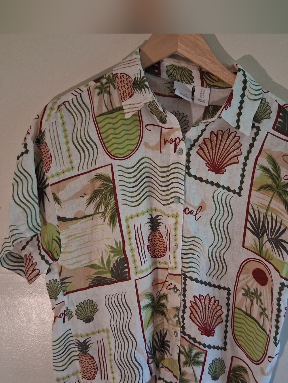 C&C California Cream Linen Shirt with Green and Red Shell Print